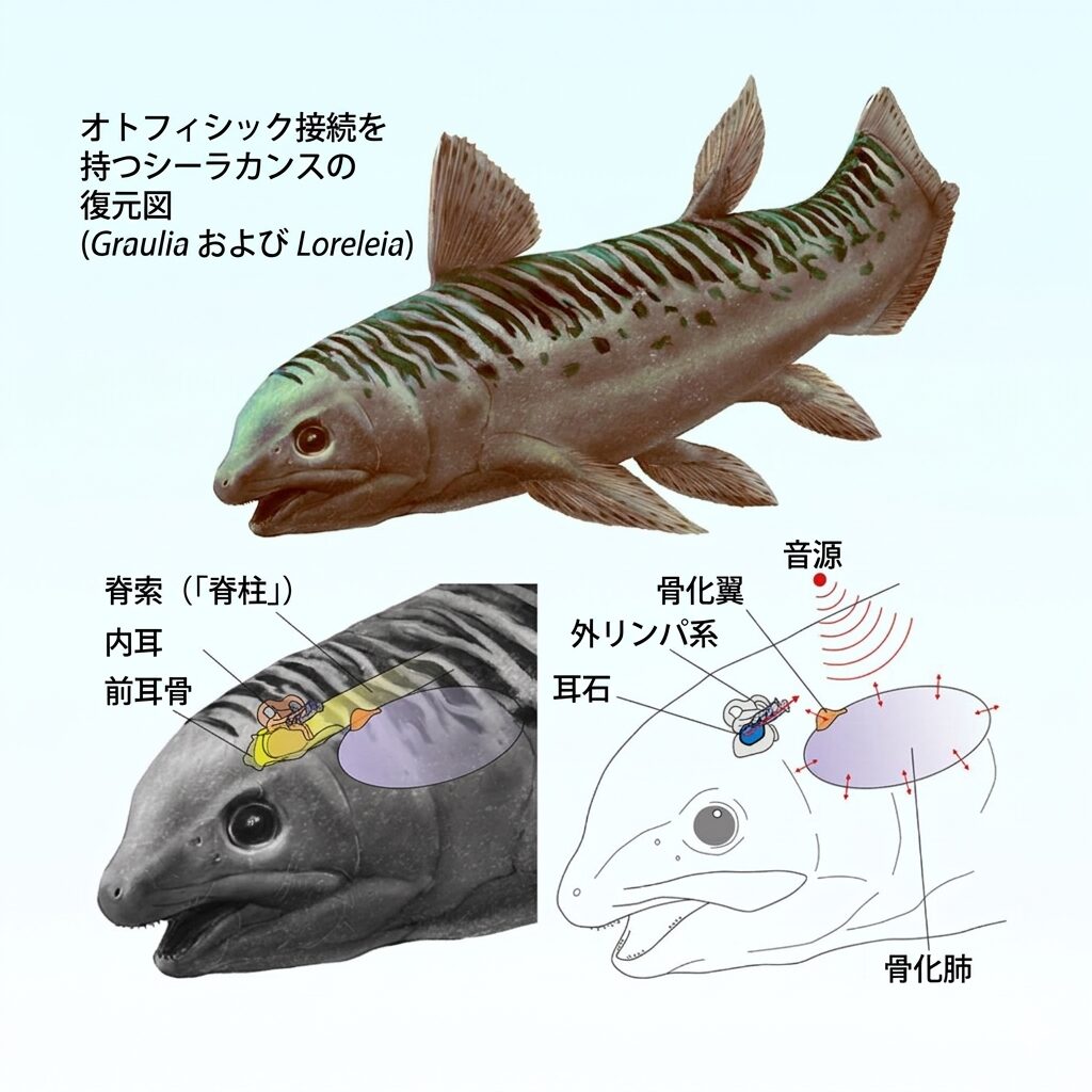 三畳紀のシーラカンスの復元図と聴覚系の模式図