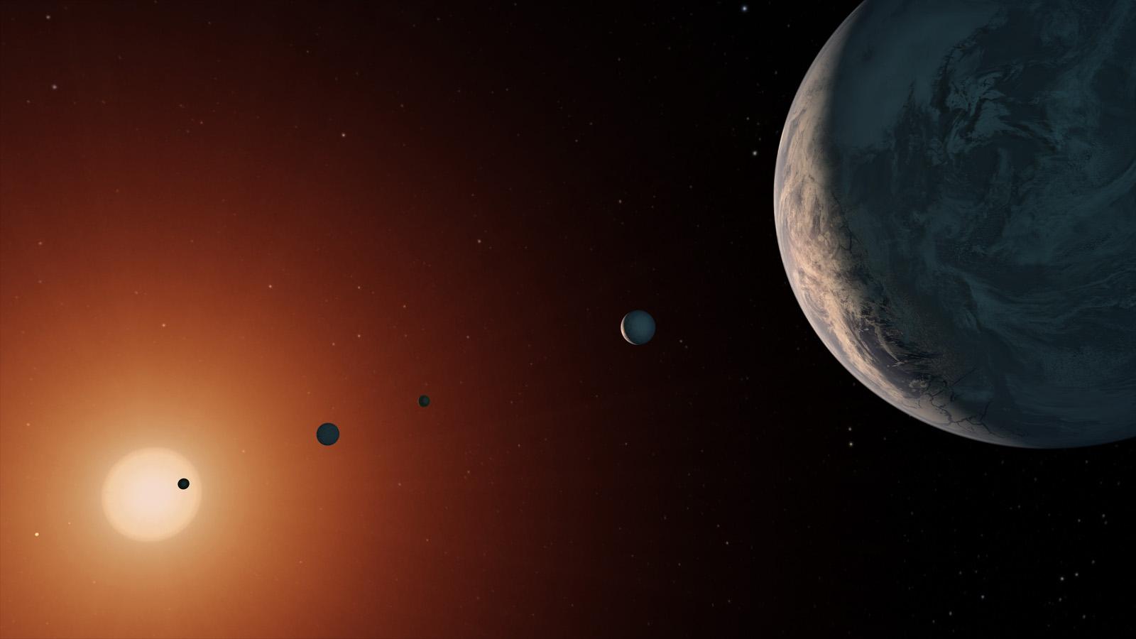 惑星TRAPPIST-1fから見た系外惑星系の想像図