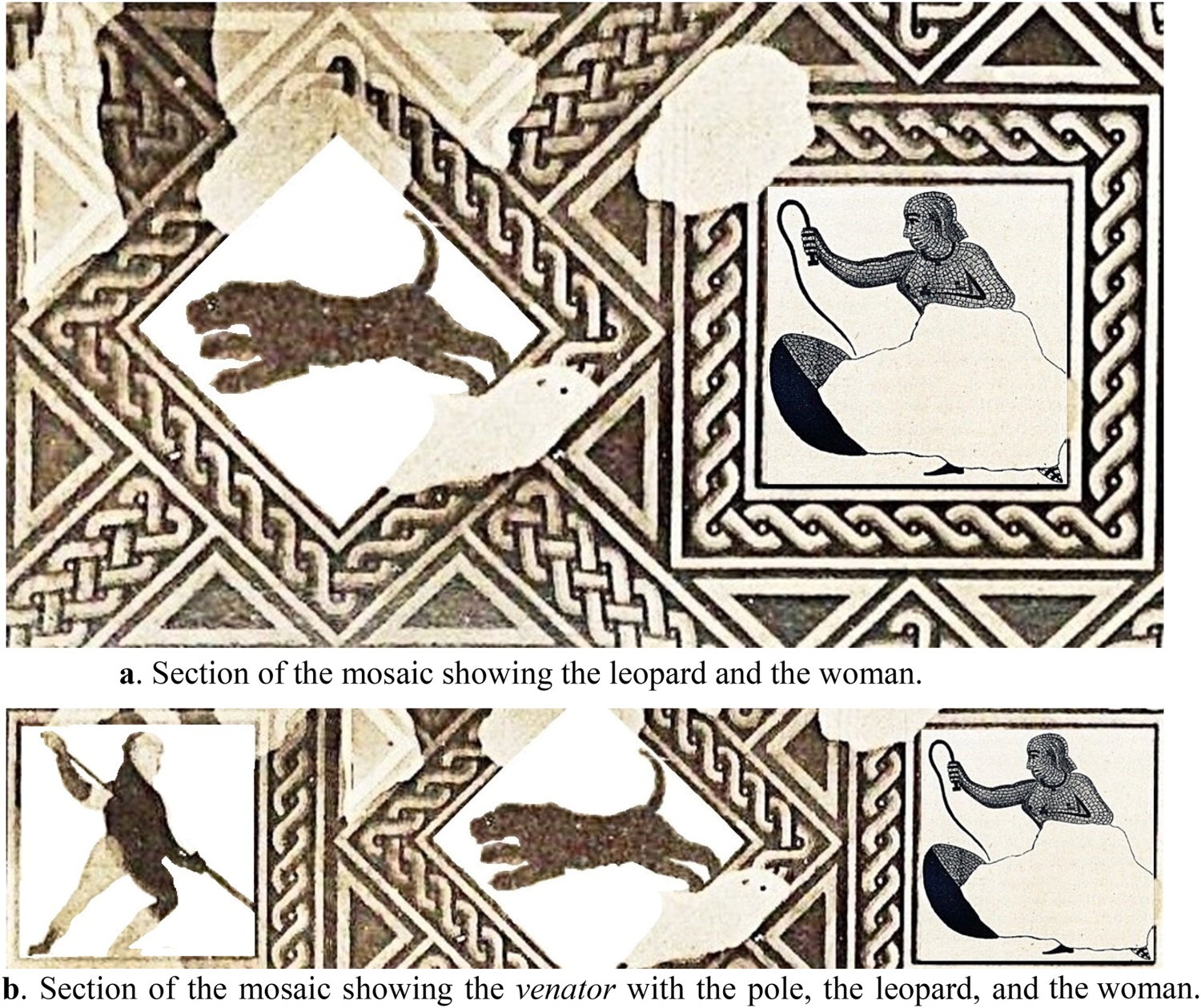 ヒョウと女性、ヴェナトルが描かれたモザイク画の図版